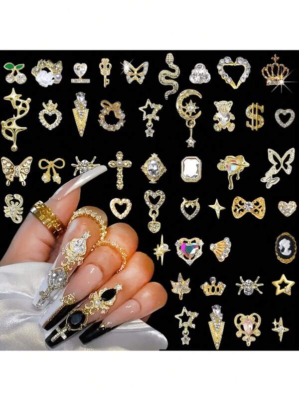 30pcs Random Golden Zirconia Nail Charms, 3D Alloy Nail Rhinestones Gems, Metal Flower Buterly Nal Art Ccharms For Nail Art Suppies Mix Styles