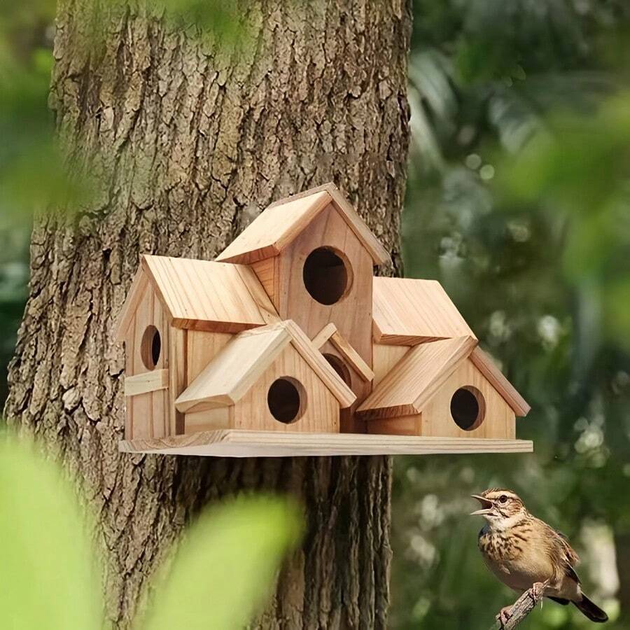 1 件乡村风格户外木制鸟舍，带多个房间，适合各种小鸟，多层悬挂喂鸟器，适合庭院和户外装饰