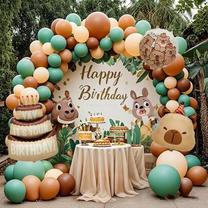 127件套水豚主题气球拱门套装，包括棕色、复古肤色、绿色乳胶气球（18/10/5英寸）、水豚图案圆形气球、蛋糕形状铝箔气球，适用于生日派对、性别揭晓派对及其他场合。