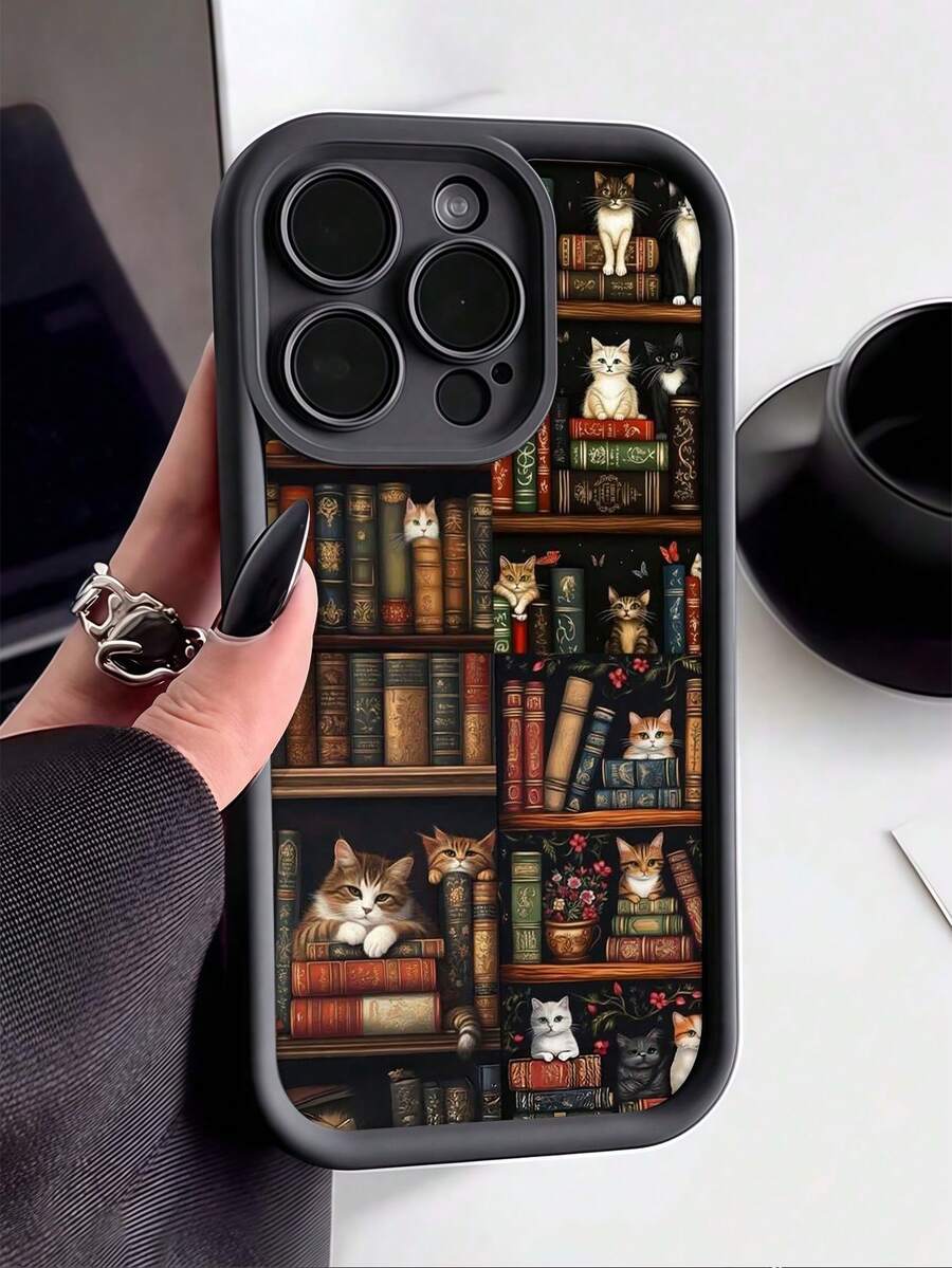 1 件黑猫和书架图案全覆盖 TPU 防震手机壳适用于 Apple 16、15、14、13、12、11 Pro Max 系列防水防摔防刮 - 彩色 - 查看 1