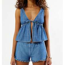 Women's 2 Piece Denim Outfits Deep V Neck Tie Front Sleeveless Tank Tops Elastic Waist Ruffle Hem Shorts Y2k Two Piece Jeans Set Summer Vacation Outfits - 淺藍色 - 查看 2