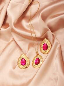 3pcs Teardrop Fuchsia Stainless Steel Minimalist Luxurious High-End Earrings & Necklace Jewelry Set, Suitable For Daily, Party, Holiday Gifts