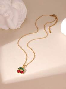 1pc 18K Stainless Steel Oil-Drop Strawberry & Cherry Zirconia Necklace, Elegant Jewelry Accessory For Women, Suitable For Daily Wear And Gatherings