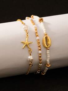 3 pièces/Set Bracelet de cheville à pompon avec pendentif circulaire ton or simple avec perles, convient pour un port quotidien et les vacances