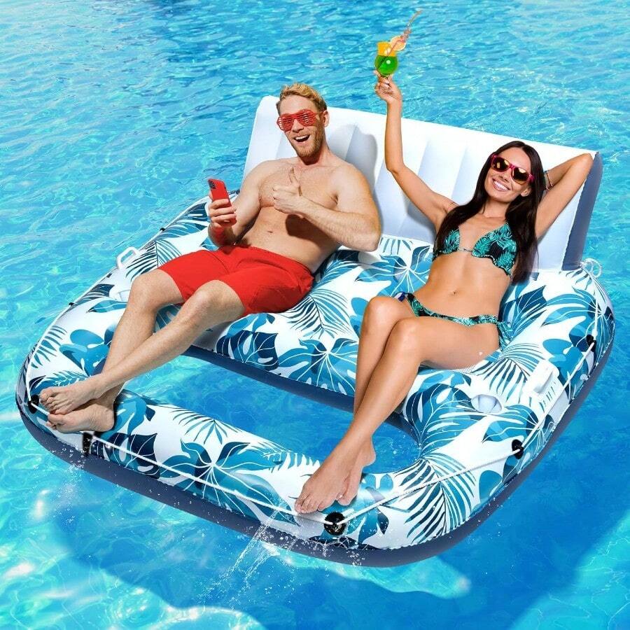Pool Floats Adult 123 Person Inflatable Lounger Extra Large Tanning Recliner Floaty Chair Raft With Backrest Footrest Cup Holder For Pool Lake River Beach Ocean Party Use - 雙人泳池躺椅XXL - 查看 1