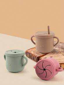 2 Lids Children's Silicone Straw Water Bottle With Snack Lid, Anti-Drop Water Bottle, Baby Double-Ear Silicone Water Bottle, Silicone Learning Drinking - Multicolor - View 1