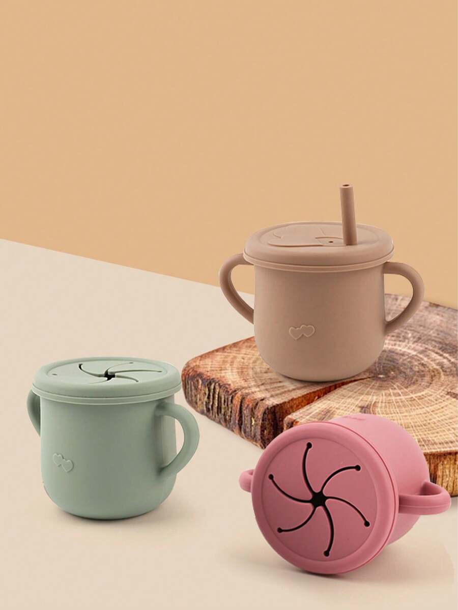 2 Lids Children's Silicone Straw Water Bottle With Snack Lid, Anti-Drop Water Bottle, Baby Double-Ear Silicone Water Bottle, Silicone Learning Drinking - Multicolor - View 1