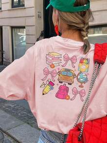 1 件女童休闲脸部印花圆领长袖 T 恤，秋季学生幼儿服装 - 这款引人注目的 T 恤带有可爱的脸部设计，一定会让孩子们露出笑容 - 粉色 - 查看 2