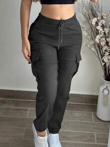 Fashion Solid Color Simple Cargo Pants With Pocket, Elastic Waist Drawstring Spring - Dark Grey - View 2