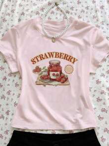 Women's Short Sleeve Crew Neck T-Shirt With Strawberry Print - Hồng - Xem 1