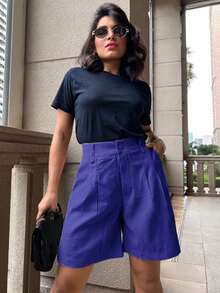 Basic Women's Bermuda Shorts With Marrant Fabric Buttons - Navy Blue - View 1