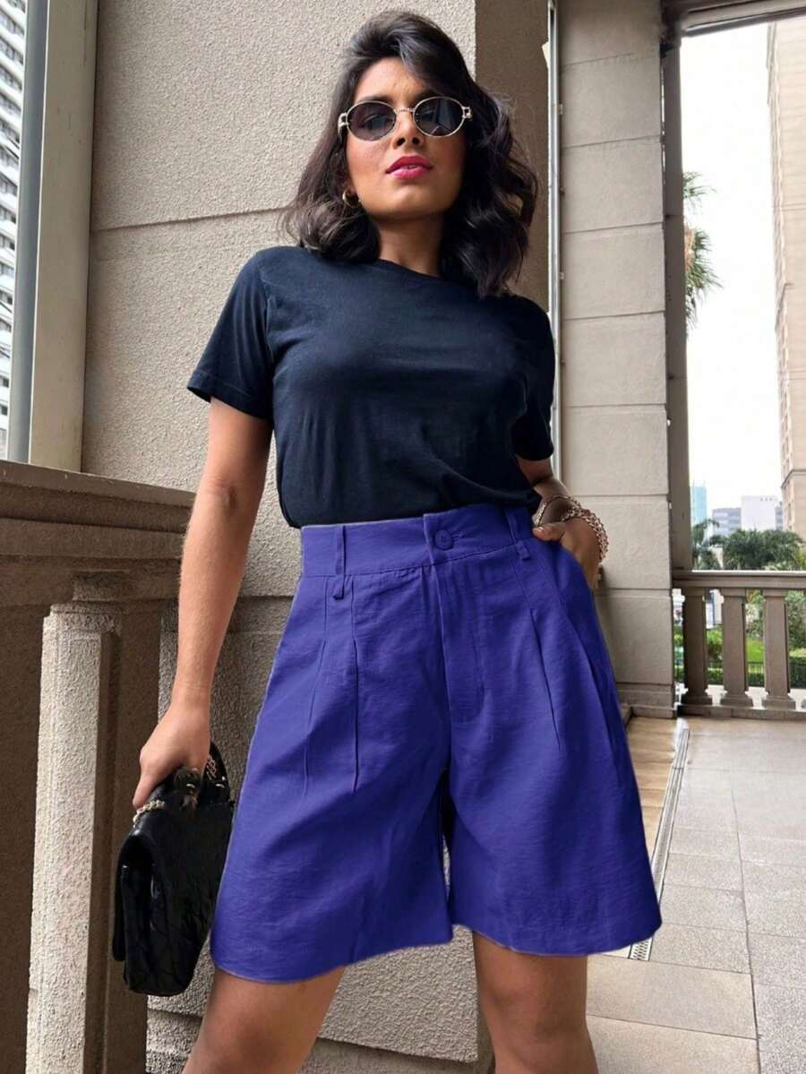 Basic Women's Bermuda Shorts With Marrant Fabric Buttons - Navy Blue - View 1