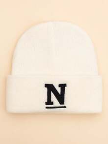 1pc Children's Personalized Design Capital Letter Pattern Embroidered Beanie, Minimalist Solid Color Soft Warm Fashionable Cold-Proof Accessory Knit Hat Suitable For Autumn, Winter Daily Outings, Outdoor Warmth, Student School Use - White - View 13