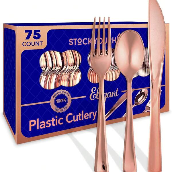 75pcs Rose Gold Cutlery Set, 25pcs Forks - 25pcs Knives - 25pcs Spoons, Suitable For Wedding, Party, Birthday, Kitchen, Beach BBQ, Picnic, Camping, Restaurant, Easter, Halloween, Back To School, Charity , Bakery, Garden Party, Outdoor Camping. Portable And Reusable