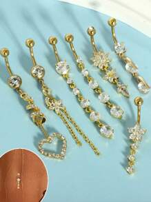 7pcs Set Copper Micro-Inlaid Flower Tassel Pendant Navel Ring, 316 Stainless Steel Exquisite Super Shiny Zirconia Navel Piercing Jewelry