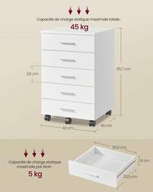 VASAGLE Caisson de Bureau à Roulettes, Meuble de Rangement, Support pour Imprimante, avec 5 Tiroirs, Rails Coulissants, pour Bureau, Télétravail, Blanc Nuage - Blanc - Voir 7