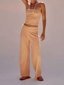 Women's 2 Piece Summer Stripe Casual Outfits Back Pleated Striped Print Bandeau Tops And Elastic Waist Wide Leg Long Pants Set Streetwear - 橘色 - 查看 1