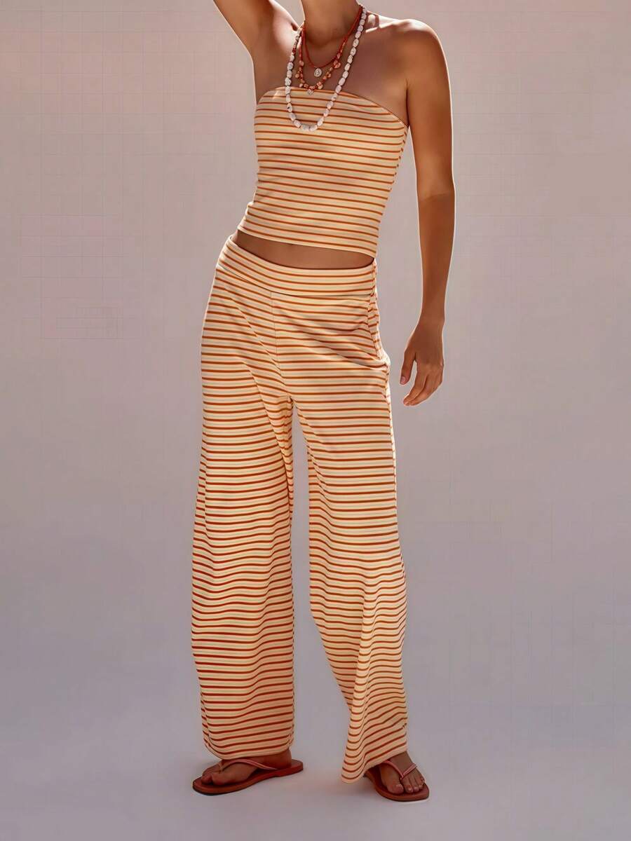 Women's 2 Piece Summer Stripe Casual Outfits Back Pleated Striped Print Bandeau Tops And Elastic Waist Wide Leg Long Pants Set Streetwear - 橘色 - 查看 1