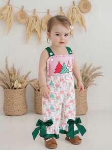 Baby Girls Christmas Overalls Tree Embroidery Print Sleeveless Jumpsuit Suspender Pants For Kids Toddler