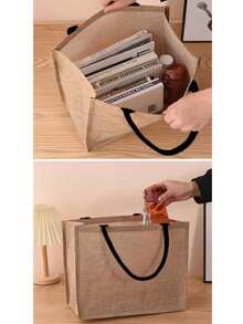 1 Stück große Kapazität modische Jute Aufbewahrungstasche, wiederverwendbare Segeltuch Tragetasche, handgefertigte Tasche, Handtasche, Einkaufstasche, Aufbewahrungstasche, Strandtasche, Reisetasche, Umhängetasche - Khaki - Übersicht 2