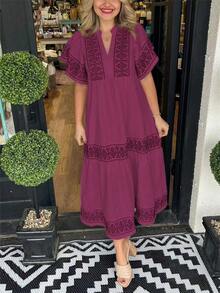 Women's Summer Printed Floral Dress Casual Notch Neck Cotton Midi Long Mexican Tunic Dress - Màu Đỏ Sâu - Xem 2