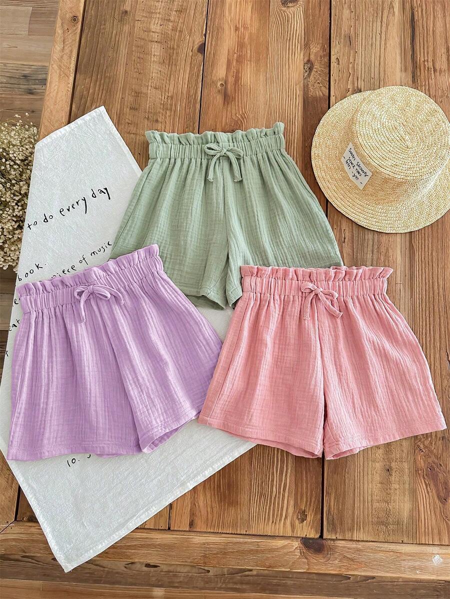 3件套青少年女孩夏季松紧腰纯色短裤，100%纯棉绉布面料，舒适透气，甜美蝴蝶结腰部装饰 - 紫色 - 查看 1