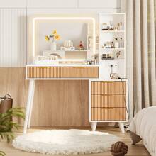 INNOD 44" Vanity Desk With Mirror And Lights, Makeup Table With Fluted Storage Drawer, Cabinet, 3 LED Lights Modes, Power Outlet For Bedroom - Xem 4