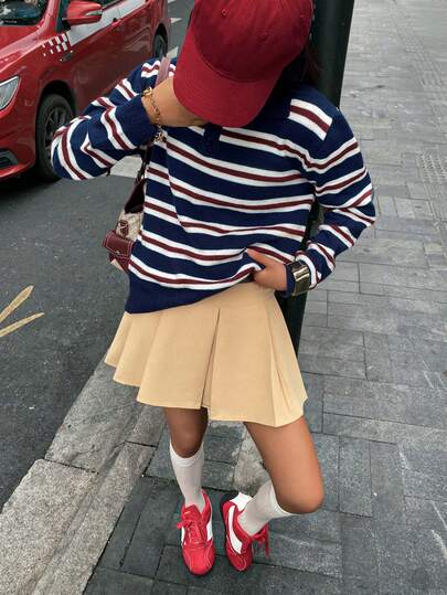 Suéter holgado de punto con cuello de solapa, botones y rayas, estilo deportivo casual de moda para mujer en otoño e invierno, ideal para uso diario, fiestas, regreso a clases y salidas