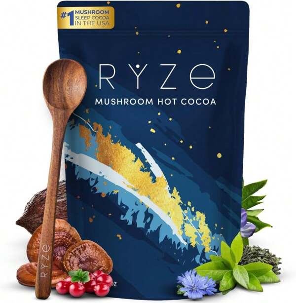 RYZE SUPERFOODS RYZE SUPERFOODS Mushroom Hot Cocoa Melatonin Sleep Supplement, Keto Cocoa Powder With Reishi Mushroom, Melatonin, Glycine, Cacao, L-Theanine, Chicory To Help Fall Asleep And Stay Asleep, 20 Servings