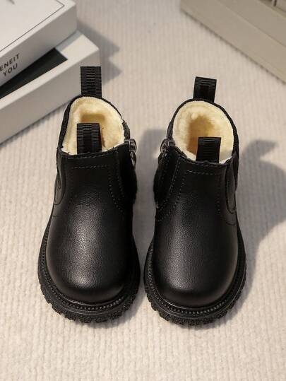 1 Pair New Daily British Style Winter Children Leather Ankle Boots, Fashion Comfortable Soft Bottom Lightly Fleeced, Suitable For Boys And Girls