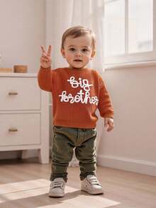 Toddler Boys Knitted Jumper Big Bro Letter Embroidery Round Neck Pullover Sweater Baby Warm Knit Tops Pullover Knitwear - 橘色 - 查看 3