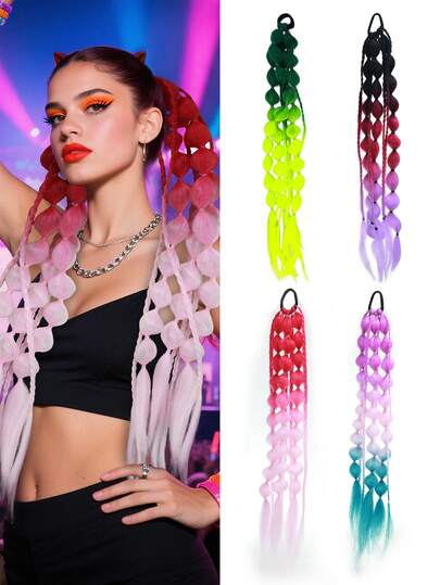 Peruca leve e colorida de 22 polegadas com rabo de cavalo bolha, acessório diário para penteados loucos com tintura ombré, decoração para festivais de música EDC, inclui elástico de cabelo, adequada para Halloween, Natal, festivais de música e diversas festas