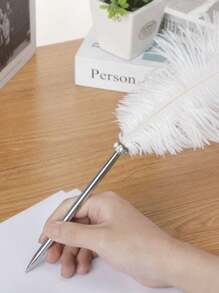 1pc Retro Feather Pen, Soft & Fluffy Wedding Signature Feather Pen, Western Style Wedding Guest Book Signing Pen, Suitable For Office, Wedding, Bride Party Supplies