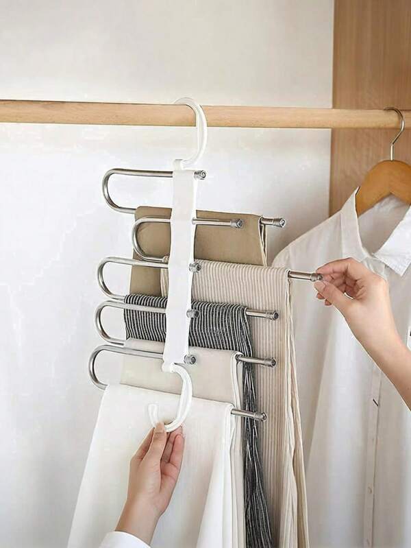 1 pièce Cintre à pantalon métallique à 5 couches, économe en espace, organisateur d'armoire en acier inoxydable de type S antidérapant avec crochets pour leggings et pantalons, accessoire d'armoire | Vêtements stables | Robustes crochets métalliques