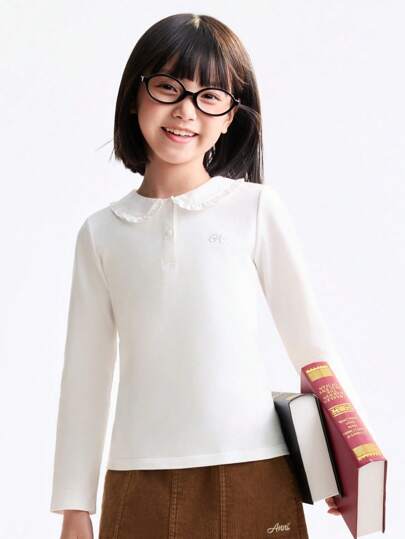 Annil Abbigliamento per bambini, ragazze, bambini di età media e giovani, adolescenti, maglioni lavorati a maglia a maniche lunghe con bavero, pizzo dolce, colletti per neonati, diamanti caldi e polo shirt stampate per l'autunno