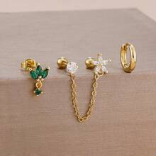 Set de 3 piezas de aretes de aro abrazador con flores de circonita chapadas en oro de 18K, aretes de cartílago Helix Daith de doble orificio con cadena, regalo de joyería para niñas - Flor3 - Ver 14
