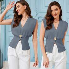 Ommig Womens Vest Tops Button Down V Neck Sleeveless Knit Summer Top For Women - 藍灰色 - 查看 6