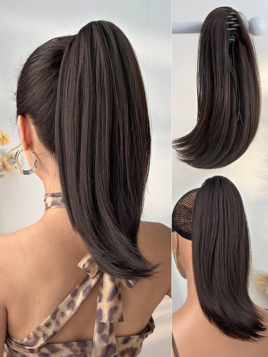 14-Inch Short Straight Brown Claw Ponytail Hair Extensions, Heat-Resistant Synthetic Ponytail Wig Suitable For Girls, Women, Parties, And Daily Use
