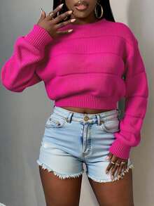 Suéter corto con hombros caídos de punto acanalado de color sólido para mujer, adecuado para viajar y tener citas. - Rosa Fucsia - Ver 4