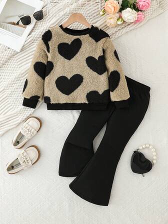 Girls' Heart Print Thickened Fleece Crew Neck Sweatshirt + Soft Solid Color Flare Pants Set, Autumn/Winter