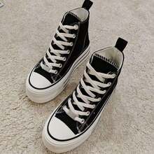 High-Top Canvas Sneakers With Thick Soles, Women's Platform Sneakers, Made Of Washable Denim, Ideal For Casual And Contemporary Looks. Estimated Delivery 2-5 Business Days. - 黑色 - 查看 2