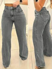 Jeans rectos básicos casuales sueltos con bolsillo insertado para mujeres de comercio transfronterizo - Gris - Ver 3