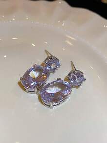 Nooxian 2 件女士耳环，椭圆形铜锆石水钻闪亮大锆石耳环，女士珠宝礼物，日常和派对佩戴 - 銀色 - 查看 6