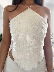 Women Sequin Glitter Tops Sleeveless Halter Tie Back Backless Tank Tops Sparkly Party Rave Going Out Top - 白色 - 查看 1