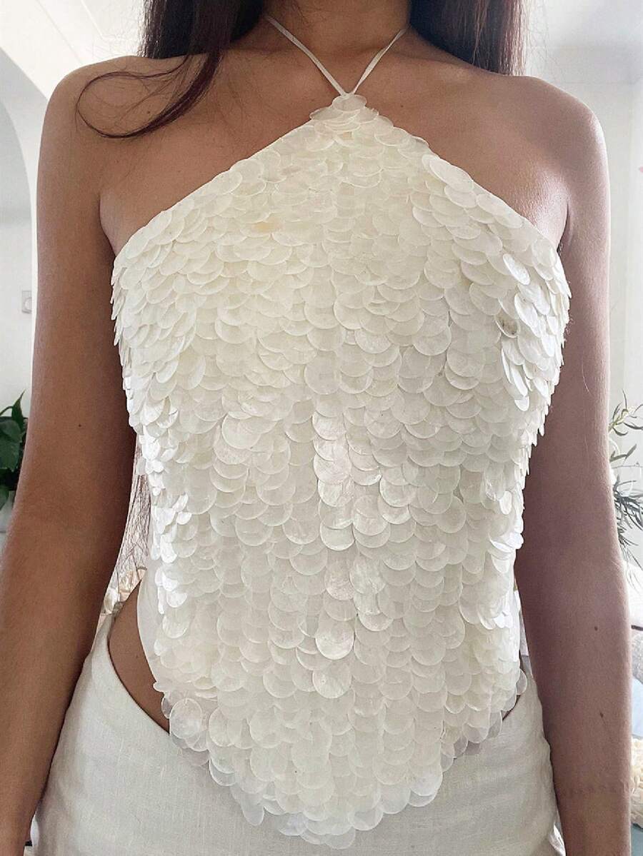Women Sequin Glitter Tops Sleeveless Halter Tie Back Backless Tank Tops Sparkly Party Rave Going Out Top - 白色 - 查看 1
