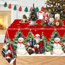 137*220cm Christmas Theme Tablecloth, Vintage Style With Santa Claus Holding Gifts Sitting On Snowy Ground, Cute Snowman And Christmas Tree Elements Design, Plastic Tablecloth, Christmas & New Year Home Decor, Christmas Party & Family Gathering Table Decoration