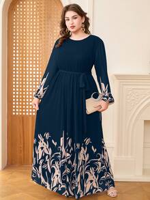 DEARCASE Plus Size Elegant Floral Print Balloon Sleeve A-Line Dress