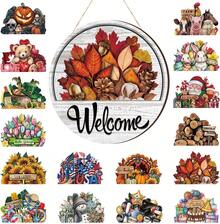 Yousoontic 17 Pcs 12 Inch Magnetic Welcome Door Sign Interchangeable Front Door Decor Rustic Fall Seasonal Hanging Sign Halloween Christmas Decor For Home Warming Gift(Classic Color,Welcome) - Classic Color - View 9