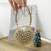 Luxury Mini Diamond Inlay Heart Shape Crystal Clutch Purse Stones Evening Wedding Party Shoulder Bags Handle Rhinestone Handbags ,Wedding - Gold - View 4