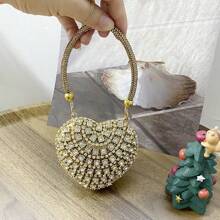 Luxury Mini Diamond Inlay Heart Shape Crystal Clutch Purse Stones Evening Wedding Party Shoulder Bags Handle Rhinestone Handbags ,Wedding - Gold - View 2